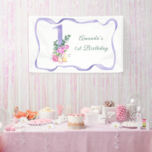 Banderoles Fête d'anniversaire 1 an avec fleurs à l'aquarelle