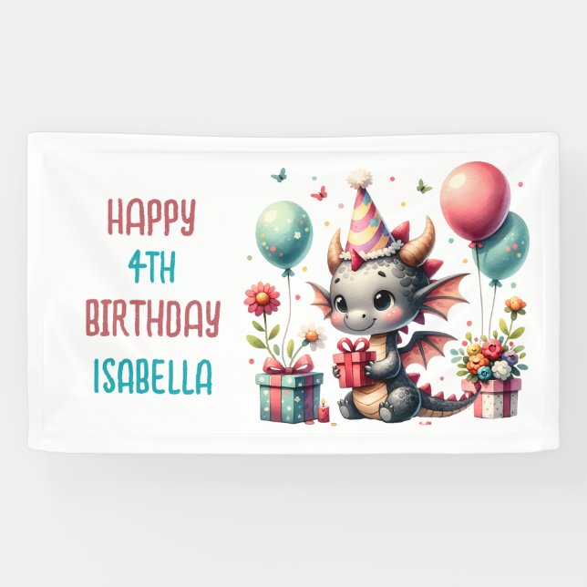 Banderoles Fête d'anniversaire à thème du dragon de fille (Horizontal)
