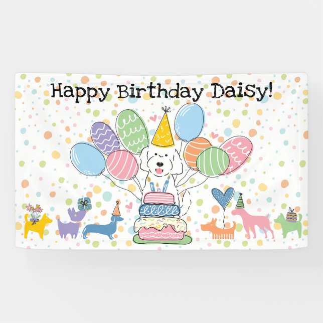 Banderoles Fête d'anniversaire de chien Goldendoodle blanc (Horizontal)