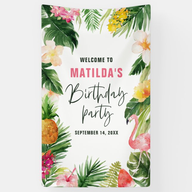 Banderoles Fête d'anniversaire de feuillage tropical lumineux (Vertical)
