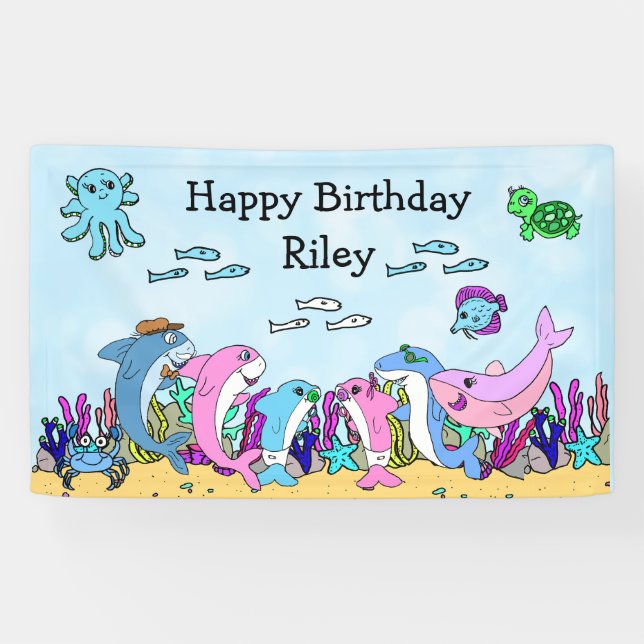 Banderoles Fête d'anniversaire de la famille de requins-bébés (Horizontal)