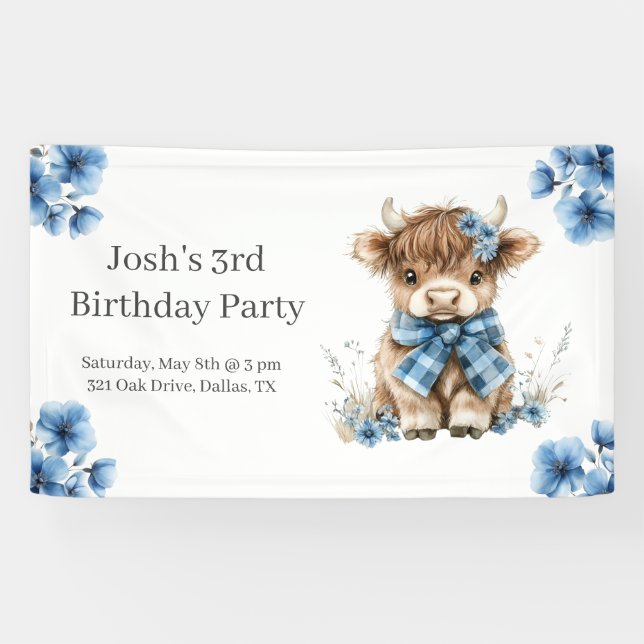Banderoles Fête d'anniversaire de la vache Blue Highland (Horizontal)