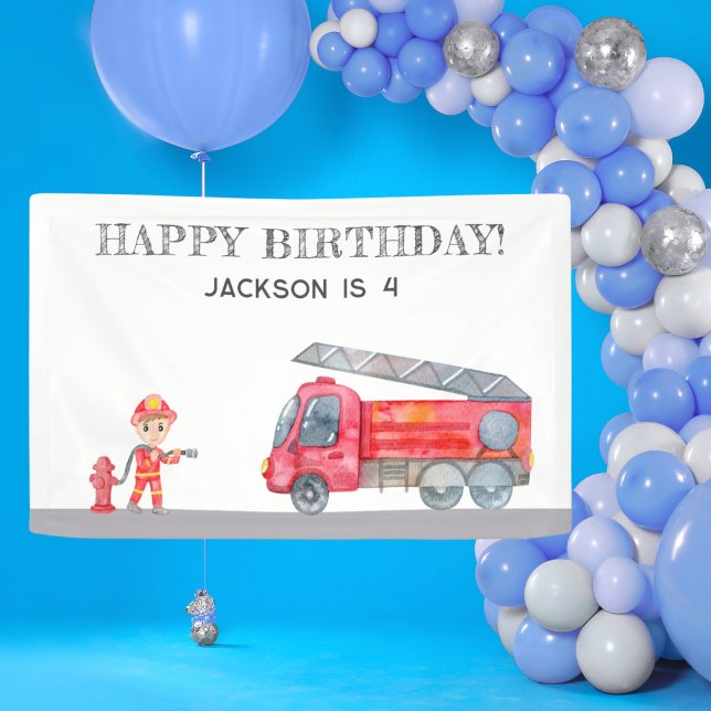 Banderoles Fête d'anniversaire des jeunes pompiers (Modern Cute Fireman Firetruck Boys birthday Party Banner cute firefighter birthday)