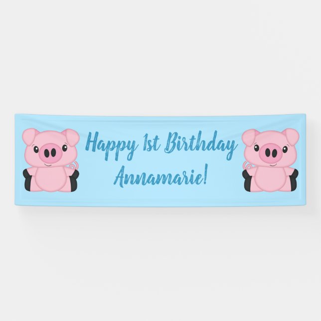 Banderoles Fête d'anniversaire du cochon bleu (Horizontal)