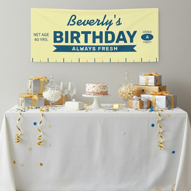 Banderoles Fête d'anniversaire Fun Always Fresh Bâton de Beur (Fun stick of Butter Birthday party banner with custom name, year, and slogan)