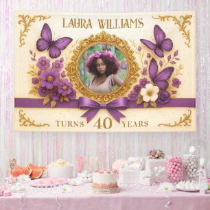 Banderoles Fête d'anniversaire papillon violet or royal perso