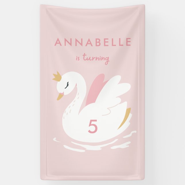 Banderoles Fête d'anniversaire rose girly mignonne cygne élég (Vertical)