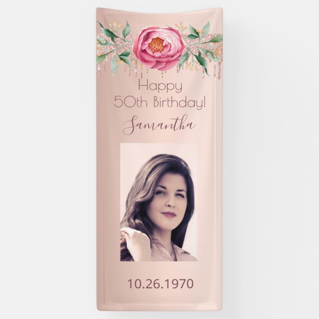 Banderoles fête d'anniversaire rose or photo parties scintill (Vertical)