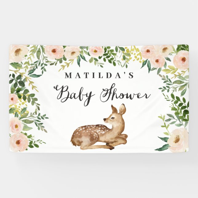 Banderoles Fête de baby shower de cerfs à fleurs d'aquarelle (Horizontal)