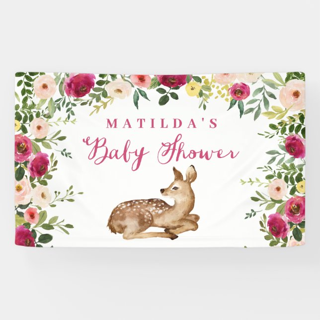 Banderoles Fête de baby shower de cerfs de fleurs d'aquarelle (Horizontal)