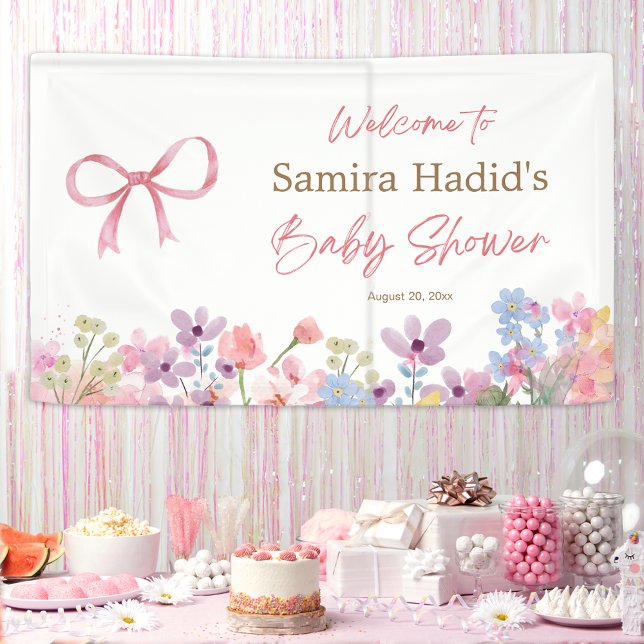 Banderoles Fête de bébé fille à l'aquarelle rose ruban floral (Créateur téléchargé)