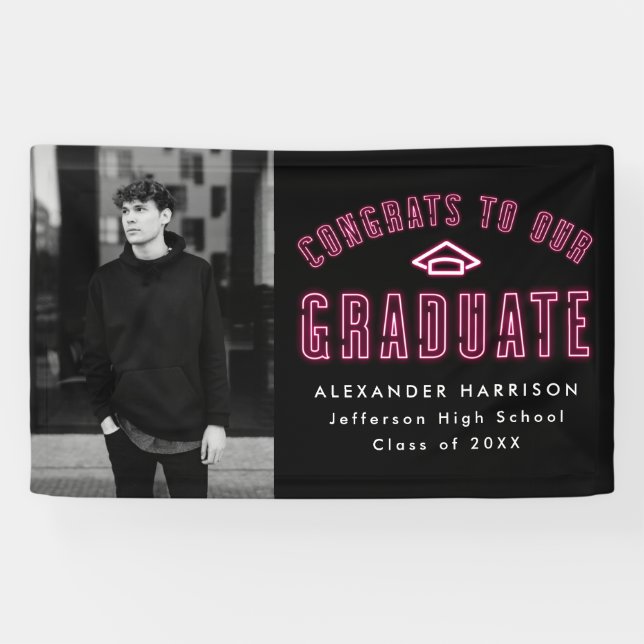 Banderoles Fête de graduation photo Hot Pink moderne Hot Neon (Horizontal)