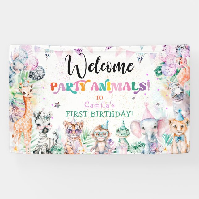 Banderoles Fête de la Jungle mignonne Animaux Fille Anniversa (Horizontal)