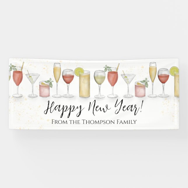 Banderoles Fête de la Saint Sylvestre Aquarelle Cocktails (Horizontal)