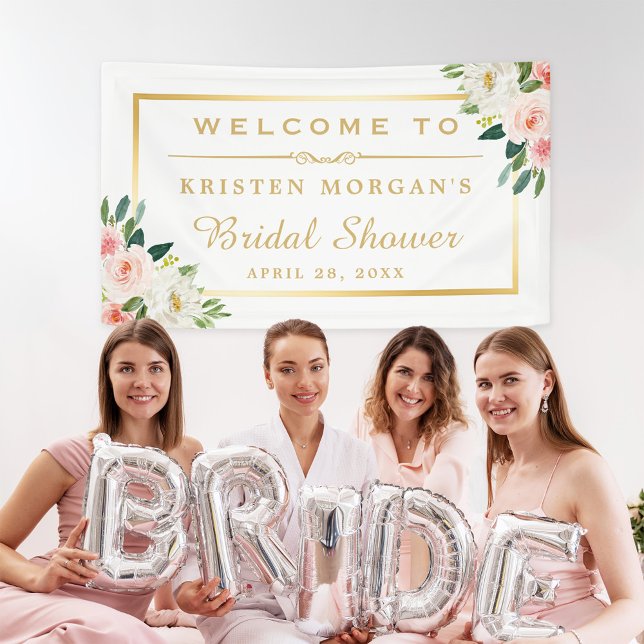 Banderoles Fête de mariage avec cadre doré et fleurs roses ép (Créateur téléchargé)