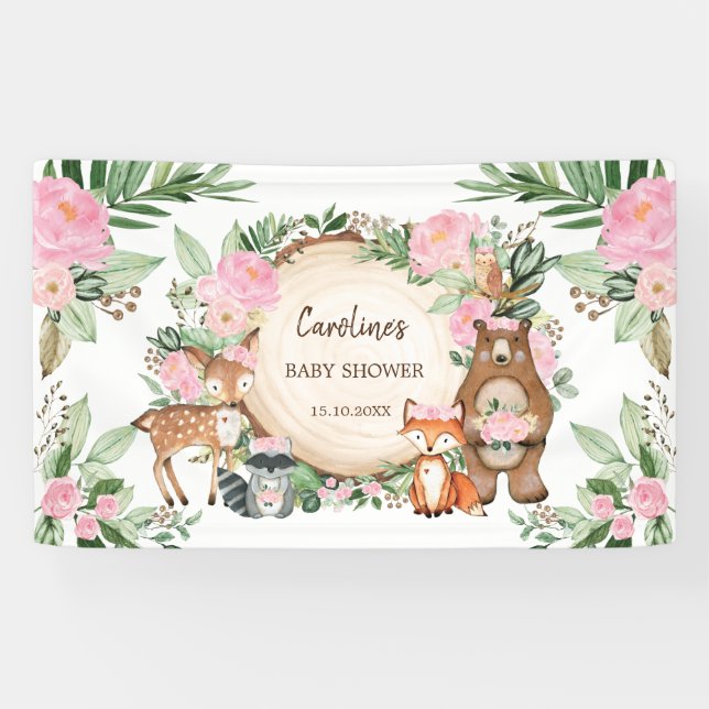 Banderoles Fête de naissance fille Animaux de la forêt Fleurs (Horizontal)