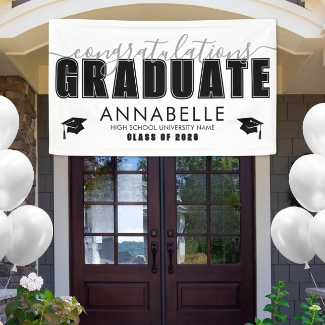 Banderoles Fête de remise des diplômes Noir Blanc (Congratulations Grad Black White Graduation Party Banner )