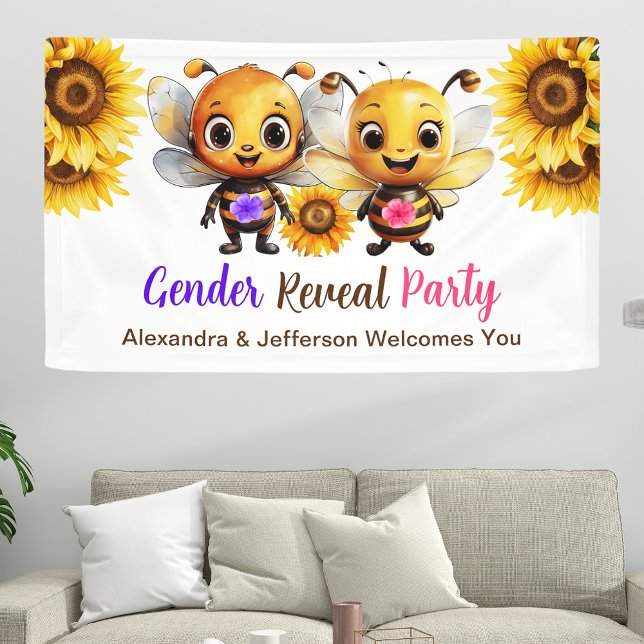 Banderoles Fête de révélation de genre Lui ou elle Bébé Bee B (Gender Reveal Party He or She Baby Bee Welcome Banner)