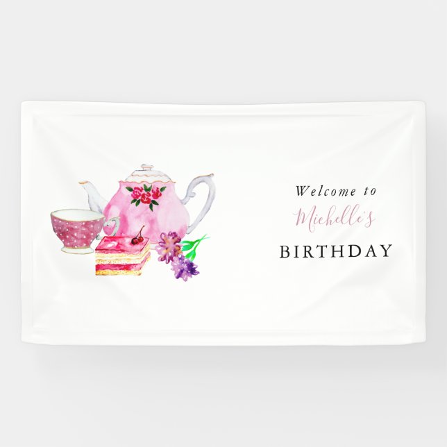 Banderoles Fête de thé d'anniversaire Bienvenue aquarelle Flo (Horizontal)