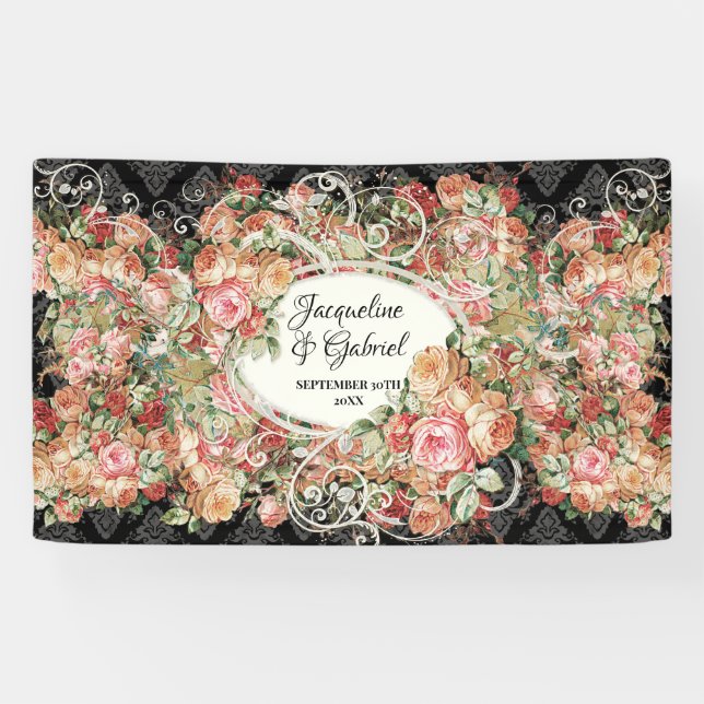Banderoles Fête des mariées de bouquet Rose Vintage noir (Horizontal)