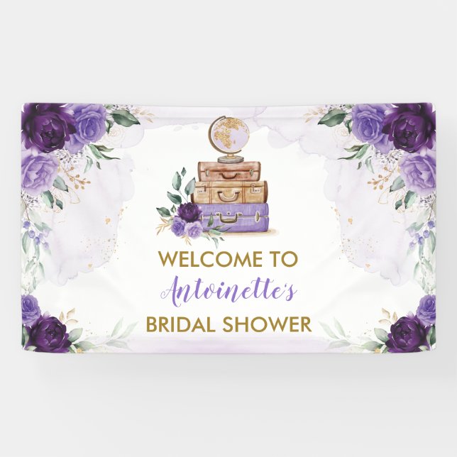 Banderoles Fête des mariées de voyage Purple Gold Flower Welc (Horizontal)