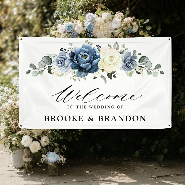 Banderoles Fête des mariées d'ivoire de champagne de la marin (Dusty Blue Navy Champagne Ivory Wedding welcome Banner)