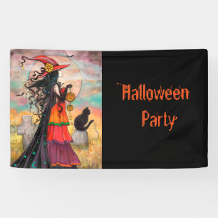 Banderoles Fête d'Halloween Sorcière et Chat Fantastique Art