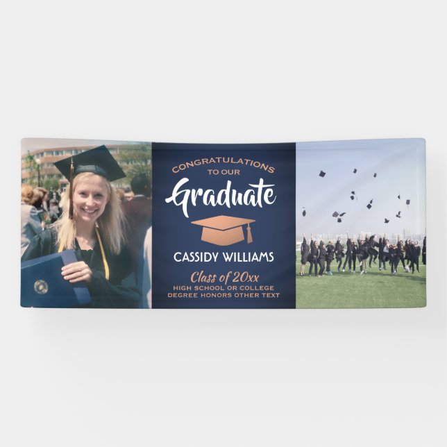 Banderoles Fêtes 2 Photo Marine Bleu Blanc Cuivre Graduation (Horizontal)