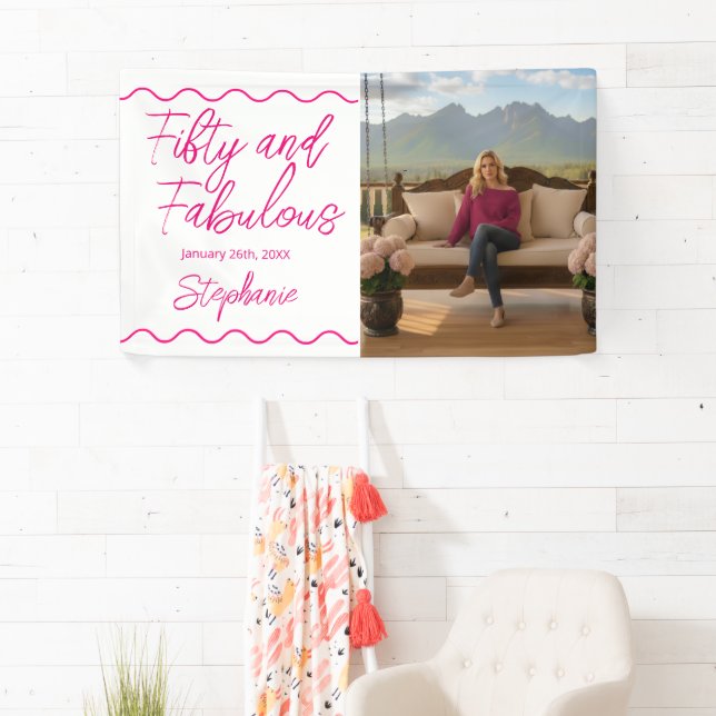 Banderoles Fifty and Fabulous Pink Script Banner (En situation)