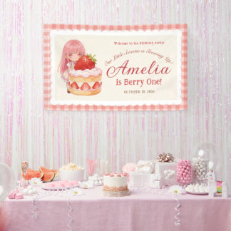 Banderoles Fille à l'aquarelle sucrée aux fraises 1er anniver