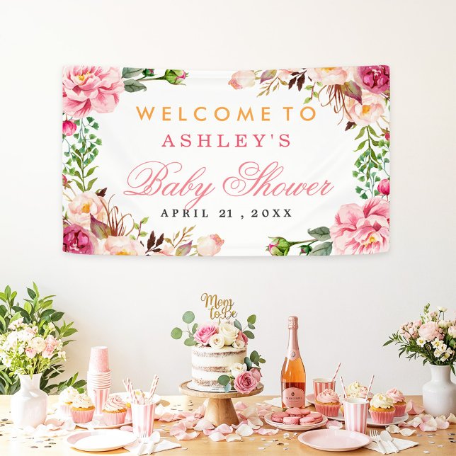 Banderoles Fille baby shower Élégant Chic Rose Floral (Créateur téléchargé)