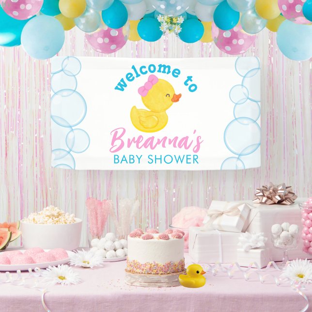 Banderoles Fille Caoutchouc Baby shower Ducky Accueil Suspend (Girl Rubber Duck Baby Shower Welcome Hanging Vinyl Banner in White)