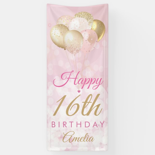Banderoles Fille Parties scintillant rose Ballons 16e anniver (Vertical)