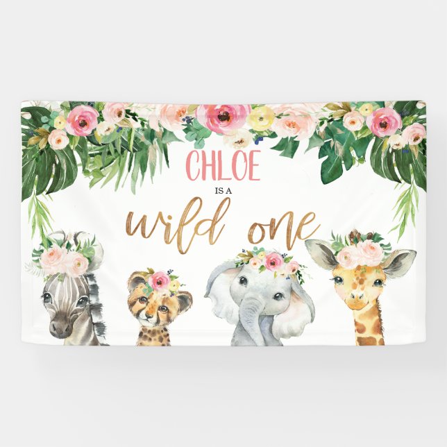 Banderoles Filles Floral Foliage Safari Wild un anniversaire (Horizontal)