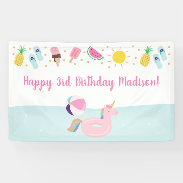 Banderoles Filles Pool Party Glace Crème soleil Anniversaire (Horizontal)