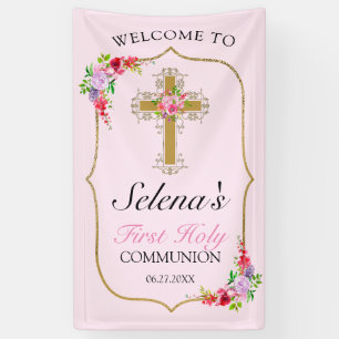 Banderoles Filles Rose Floral Première Communion Sainte Bienv
