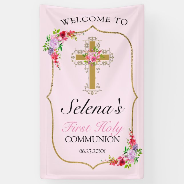 Banderoles Filles Rose Floral Première Communion Sainte Bienv (Vertical)