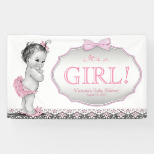 Banderoles Filles Rose Gris Dentelle Arc Enfant Fête