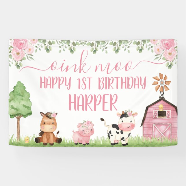 Banderoles Filles roses Grange Florale Animaux de ferme Joyeu (Horizontal)