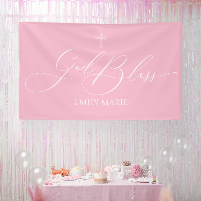 Banderoles First Communion God Bless Pink banner backdrop  (Fête)