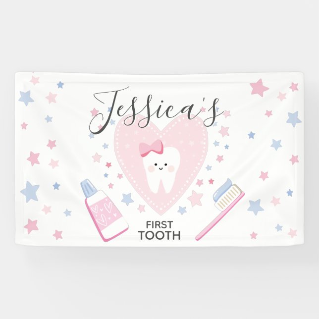 Banderoles First Tooth baby girl shower fête modifiable banni (Horizontal)
