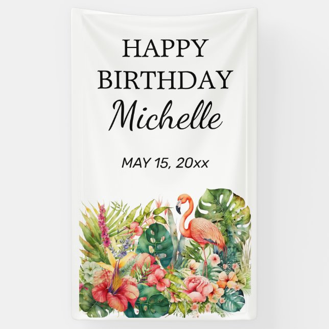 Banderoles Flamant rose floral tropical Joyeux Anniversaire N (Vertical)