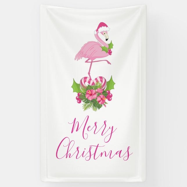 Banderoles Flamant rose rose à Santa Hat Noël Whimsical (Vertical)