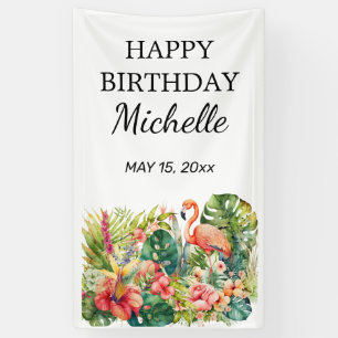 Banderoles Flamingo Fleur Tropicale Joyeux Anniversaire Nom