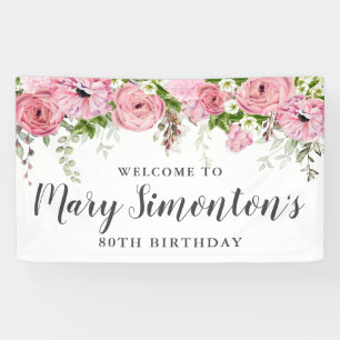 Banderoles Fleur rose et blanche 80e anniversaire Accueil