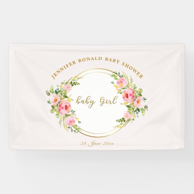 Banderoles Fleur rose et or baby shower fille bébé (Horizontal)
