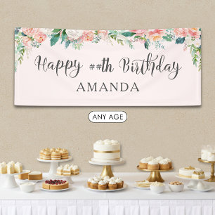 Banderoles Fleur rose poudrée aquarelle pour anniversaire TOU