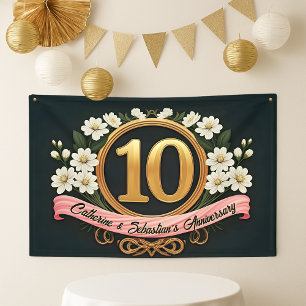 Banderoles Fleurs Blanches Élégantes 10e Anniversaire de Mari
