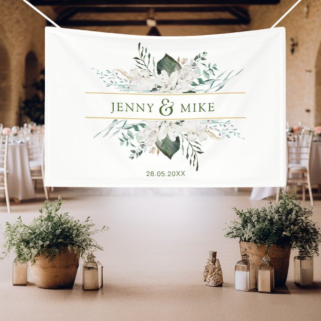 Banderoles Fleurs blanches simples et élégantes (Simpel, elegant, greenery, white flowers, white, wedding banner.)