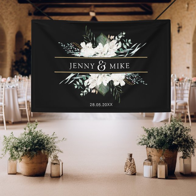 Banderoles Fleurs blanches simples et élégantes (Simpel, elegant, greenery, white flowers, black, wedding banner.)